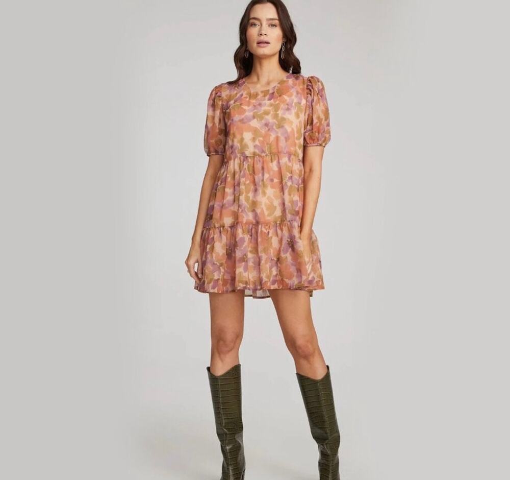 Anthro Saltwater Luxe Watercolor Floral Tiered Mini Dress Puff Sleeve NWT Medium